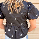 Front Tie Bow Embroidered Blouse Top | Black + White Bows