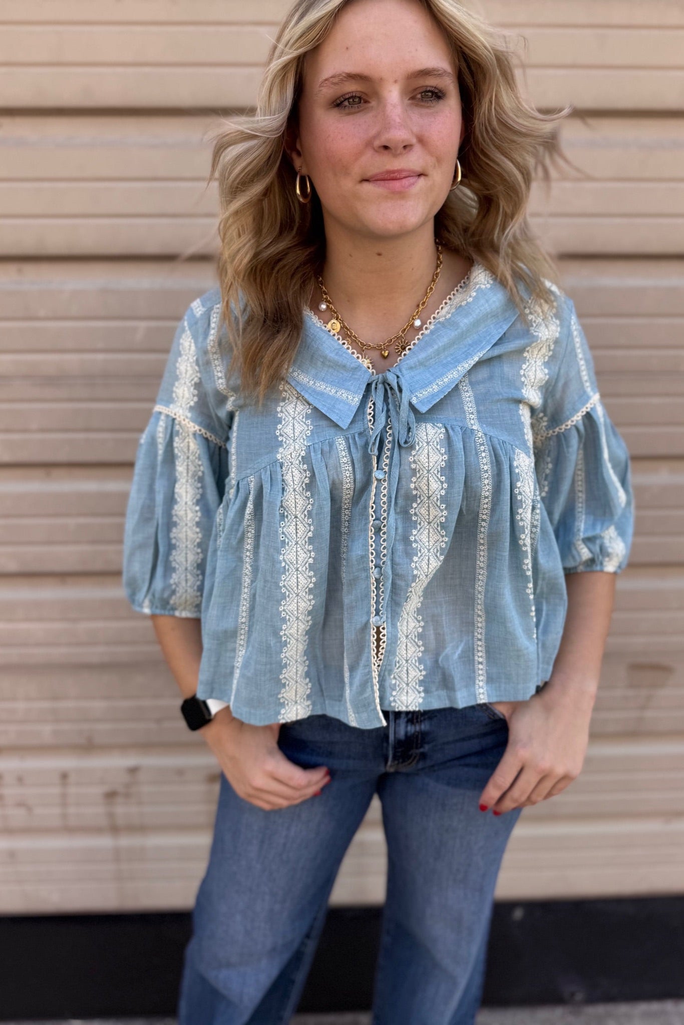 Embroidered Collar Button Down Blouse | Cloud + Ivory