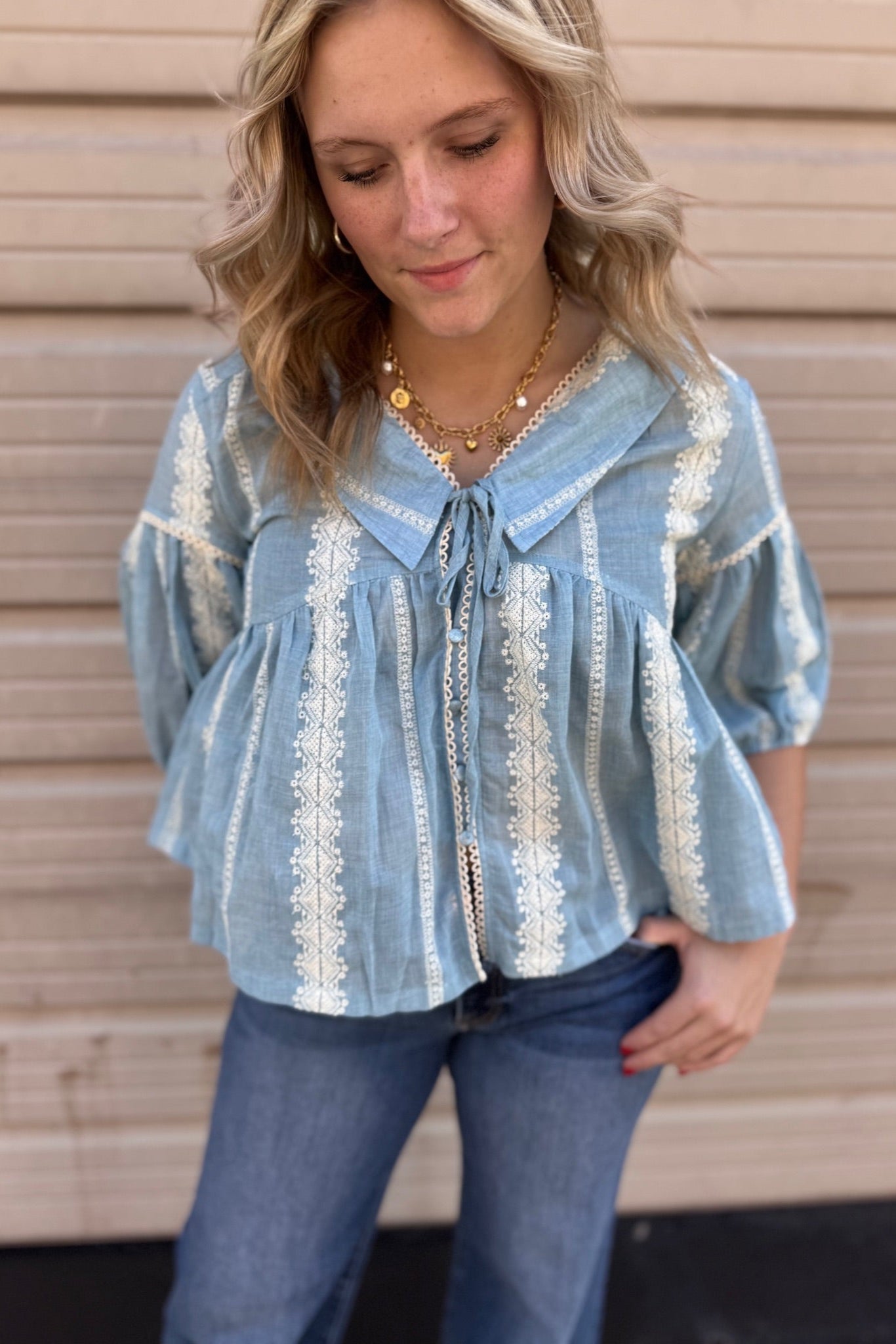 Embroidered Collar Button Down Blouse | Cloud + Ivory