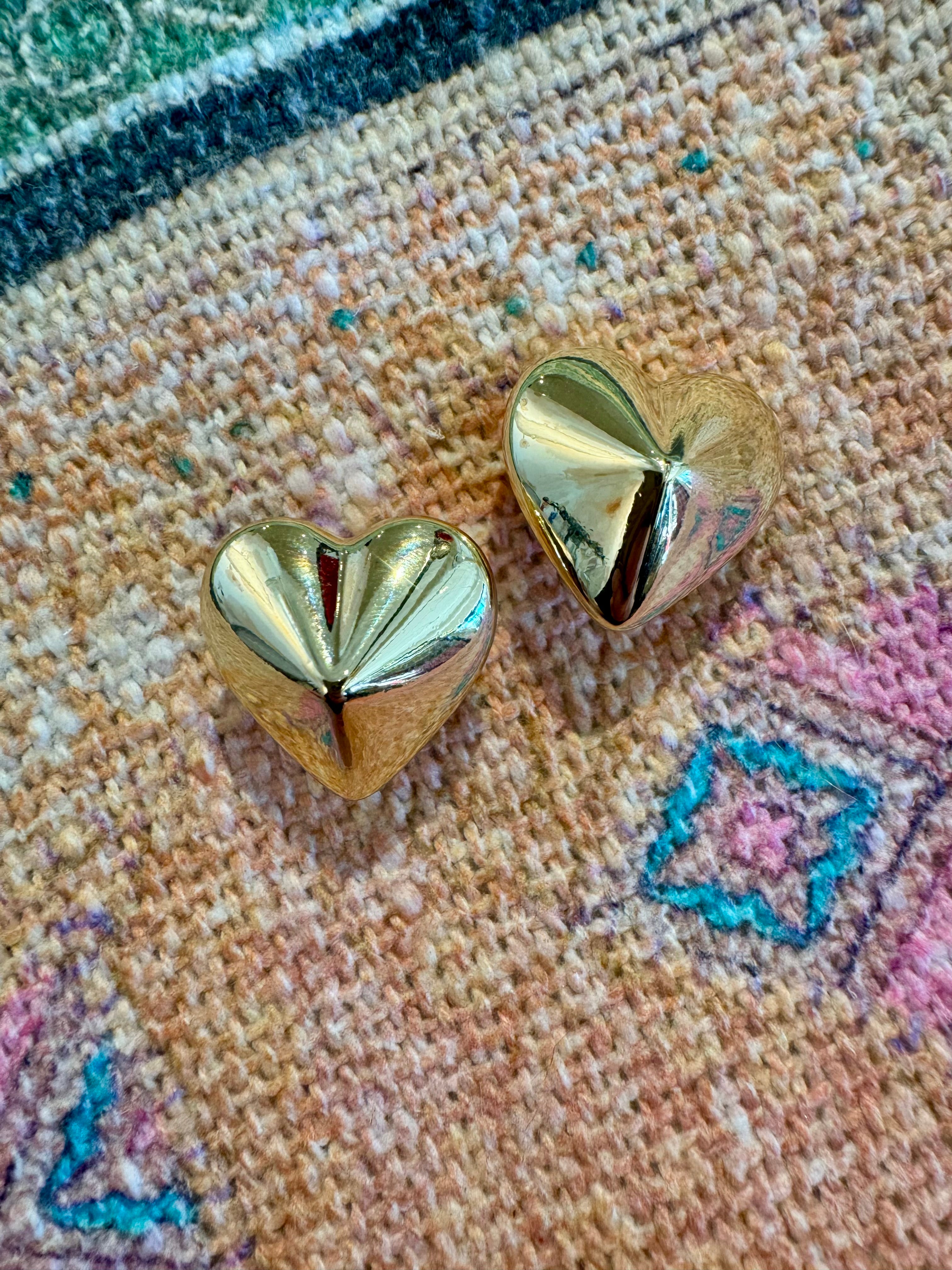 Gold Puffy Heart Post Earrings