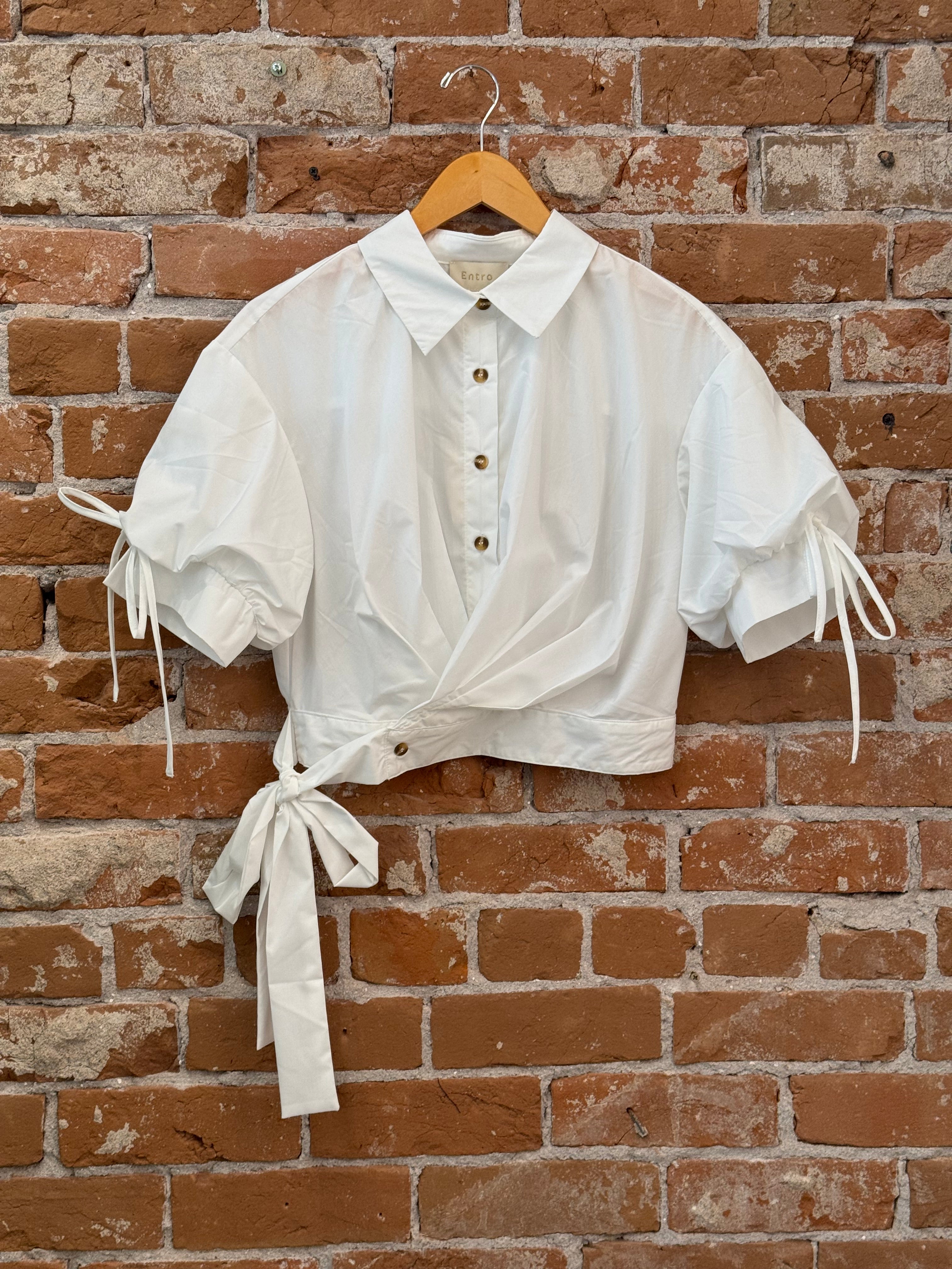 Puff Sleeve Wrap Blouse with Tie Waist