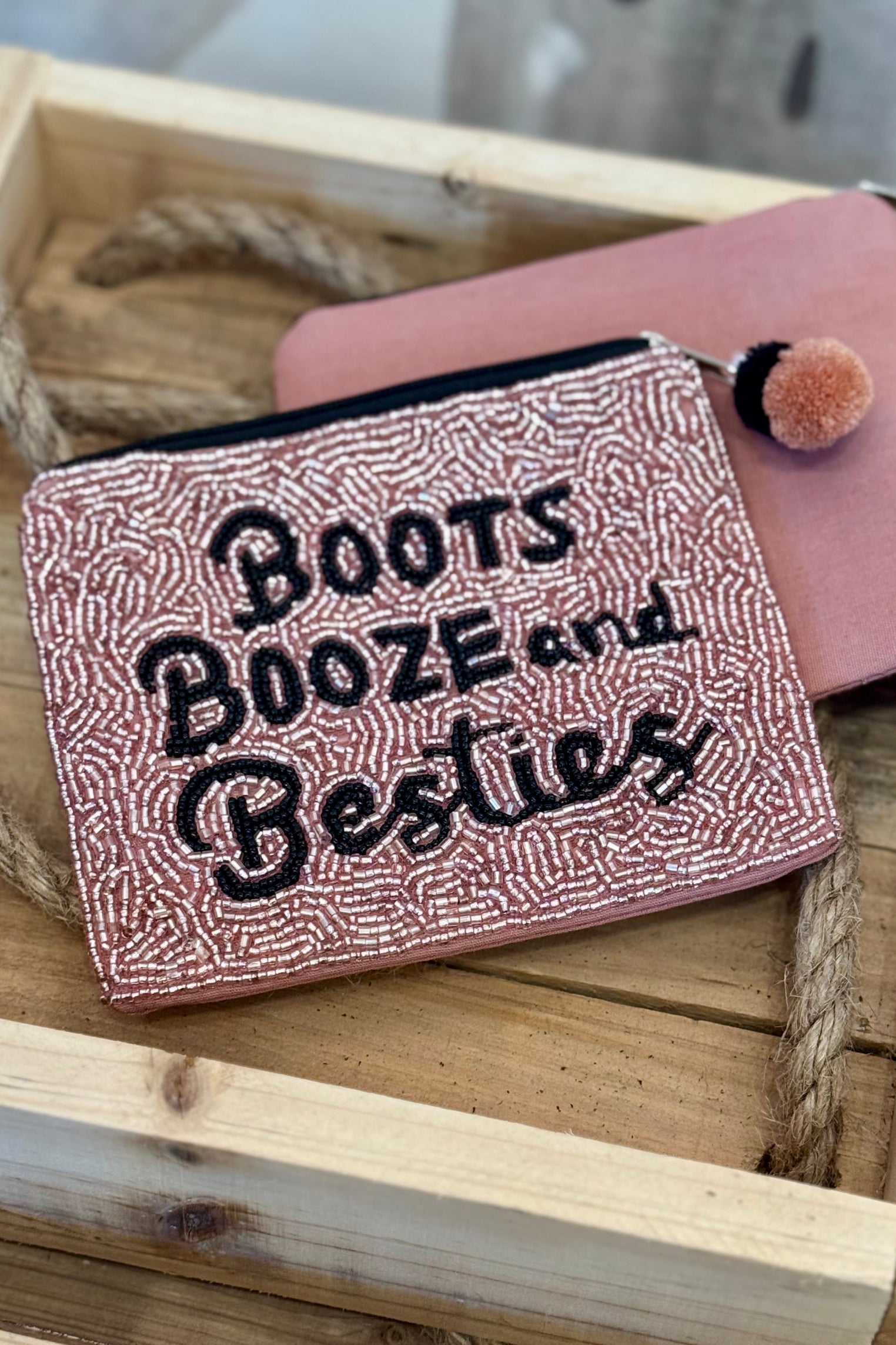 Boots, Booze & Besties Pink & Black Beaded Zip Wallet Pouch. Canvas on back.