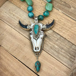 Turquoise Longhorn Heirloom Pendant Necklace | Silver - Turquoise- White Turquoise - Leather | Beaded Stones