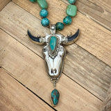 Turquoise Longhorn Heirloom Pendant Necklace | Silver - Turquoise- White Turquoise - Leather | Beaded Stones