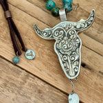 Turquoise Longhorn Heirloom Pendant Necklace | Silver - Turquoise- White Turquoise - Leather | Beaded Stones