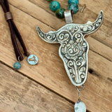 Turquoise Longhorn Heirloom Pendant Necklace | Silver - Turquoise- White Turquoise - Leather | Beaded Stones
