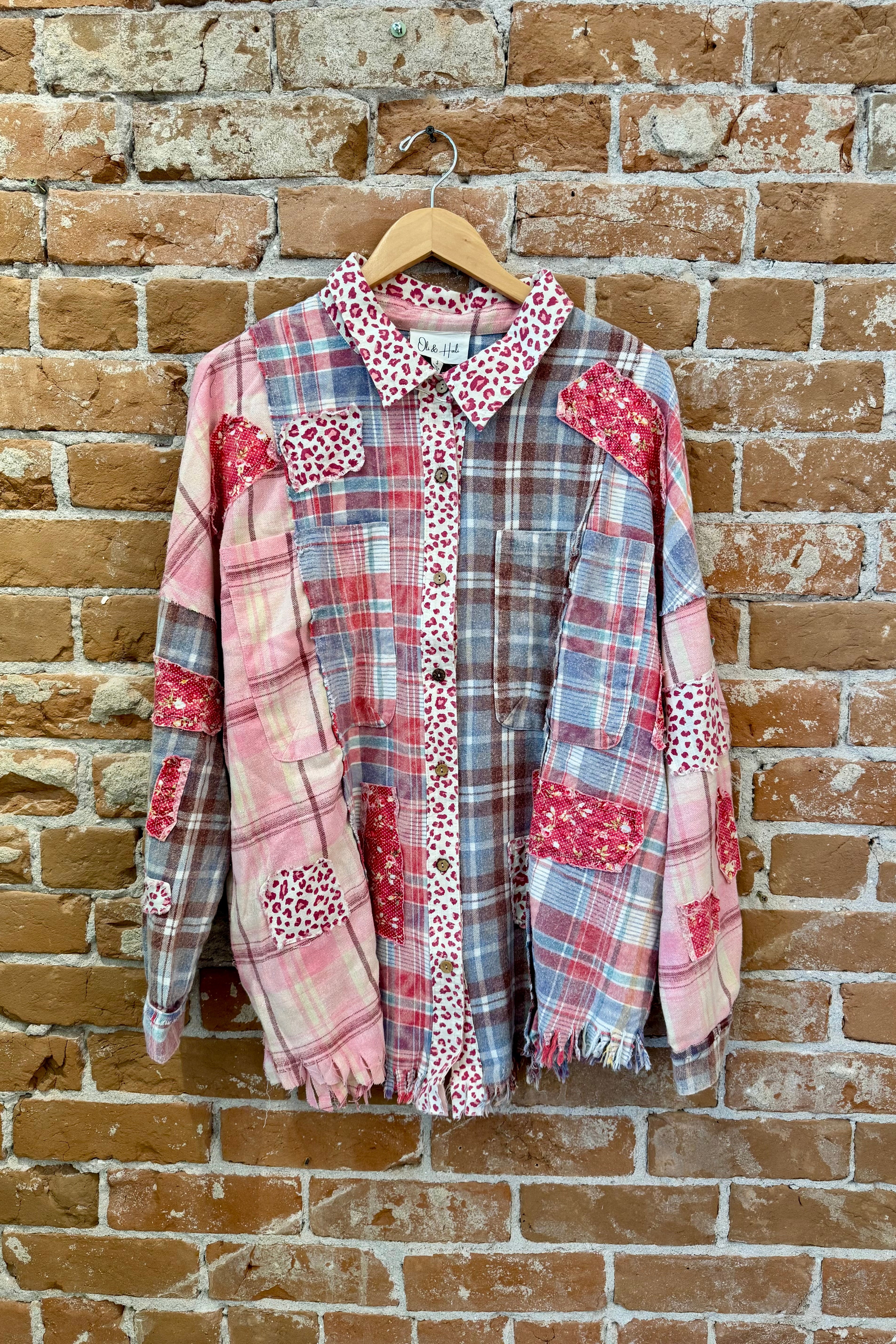 Washed Leopard Floral Patch Mix Button Down Shirt