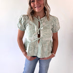 Floral Striped Front Tie + Lace Trim Top