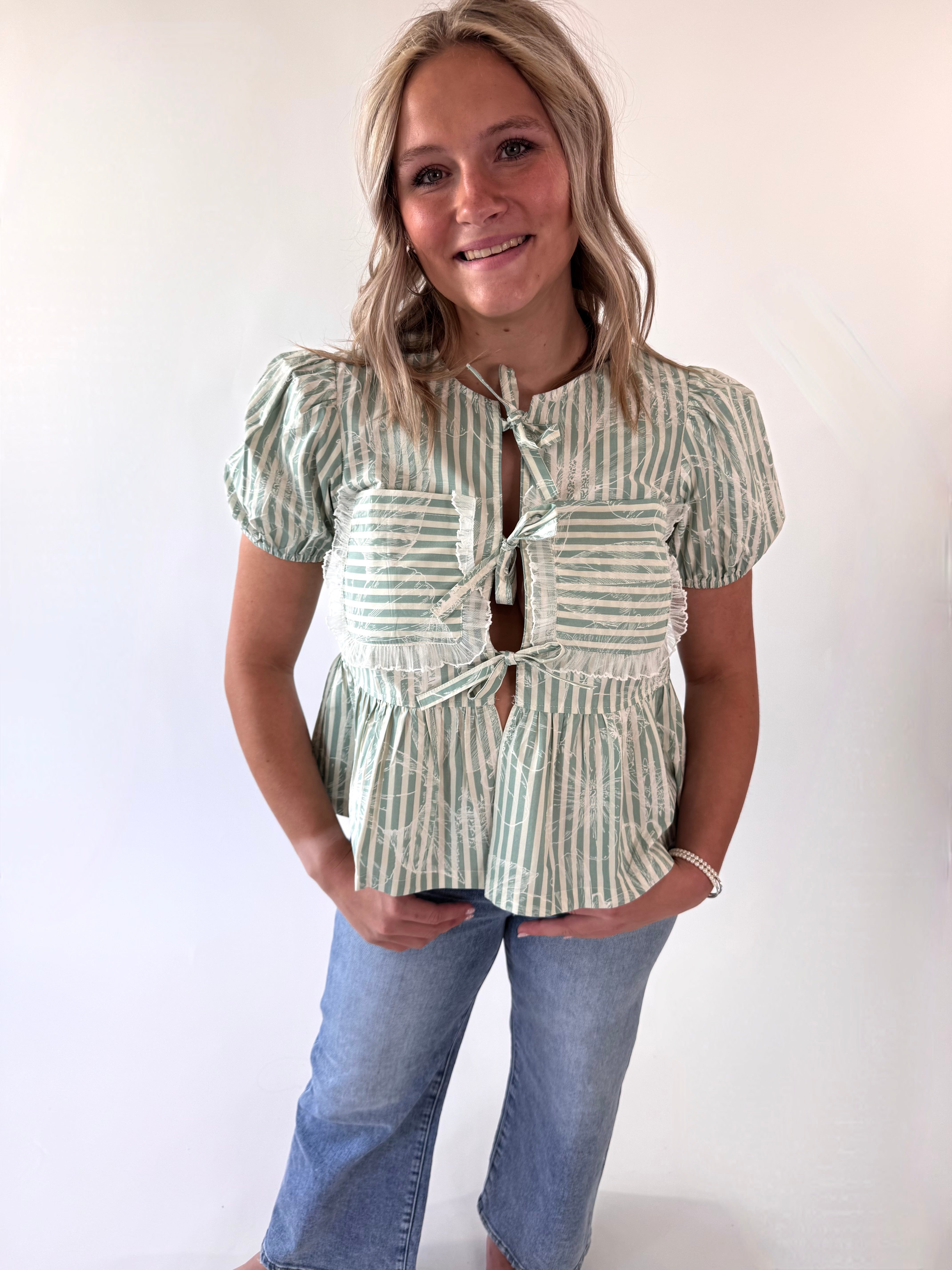 Floral Striped Front Tie + Lace Trim Top