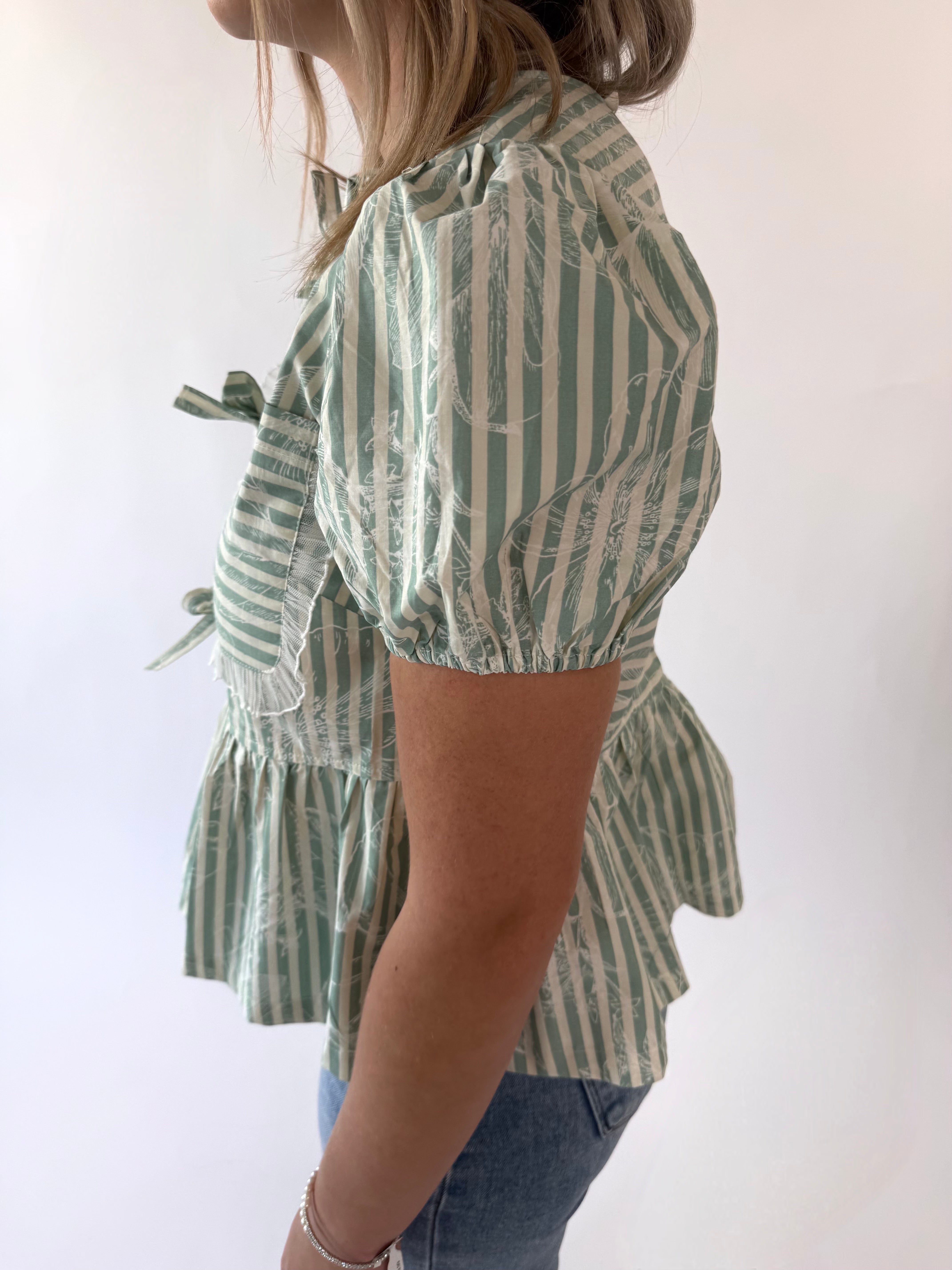 Floral Striped Front Tie + Lace Trim Top