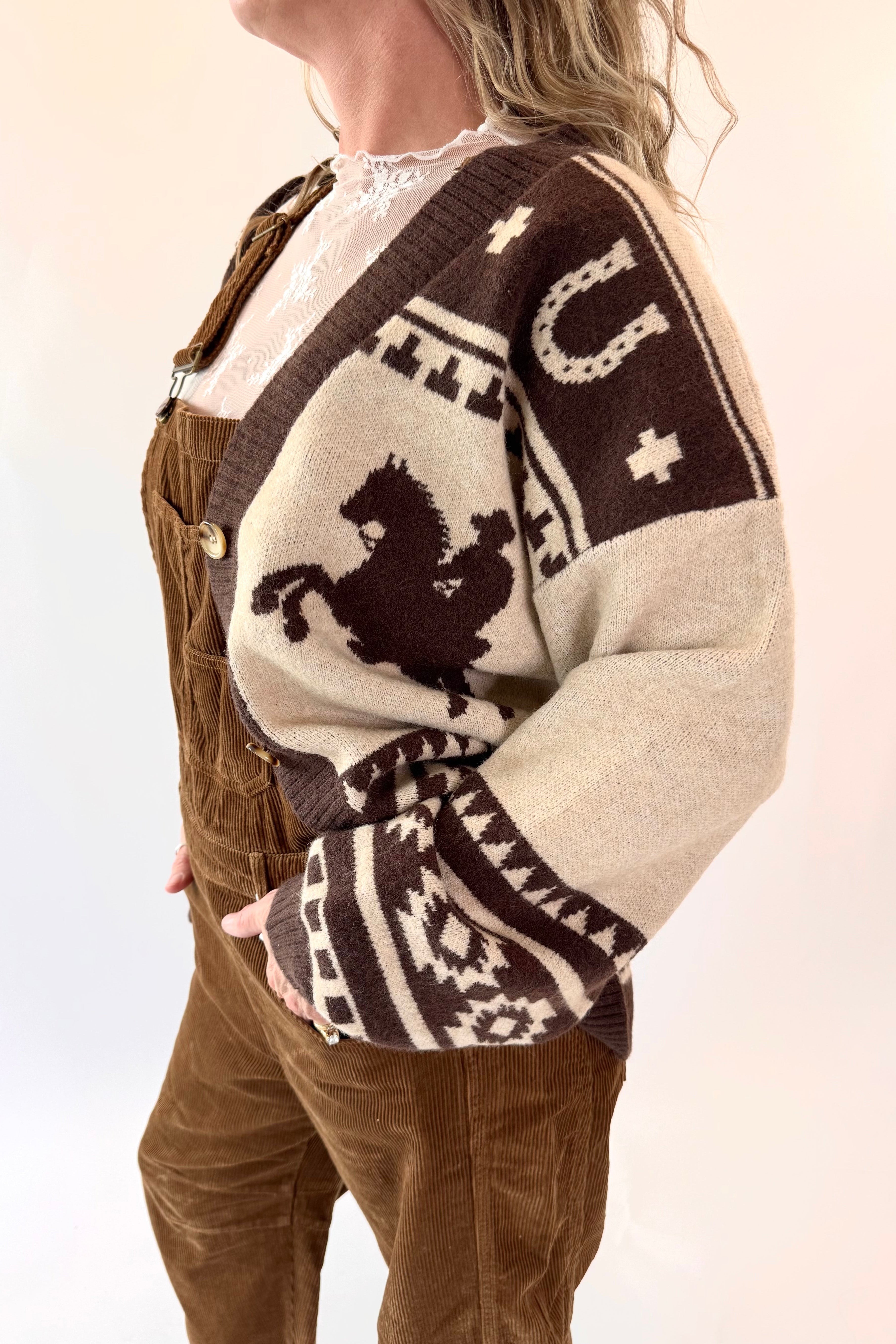 Person wearing a patterned sweater with horse design on a plain background