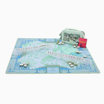 Board game setup with a map and pieces on a white background