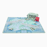 Board game setup with a map and pieces on a white background