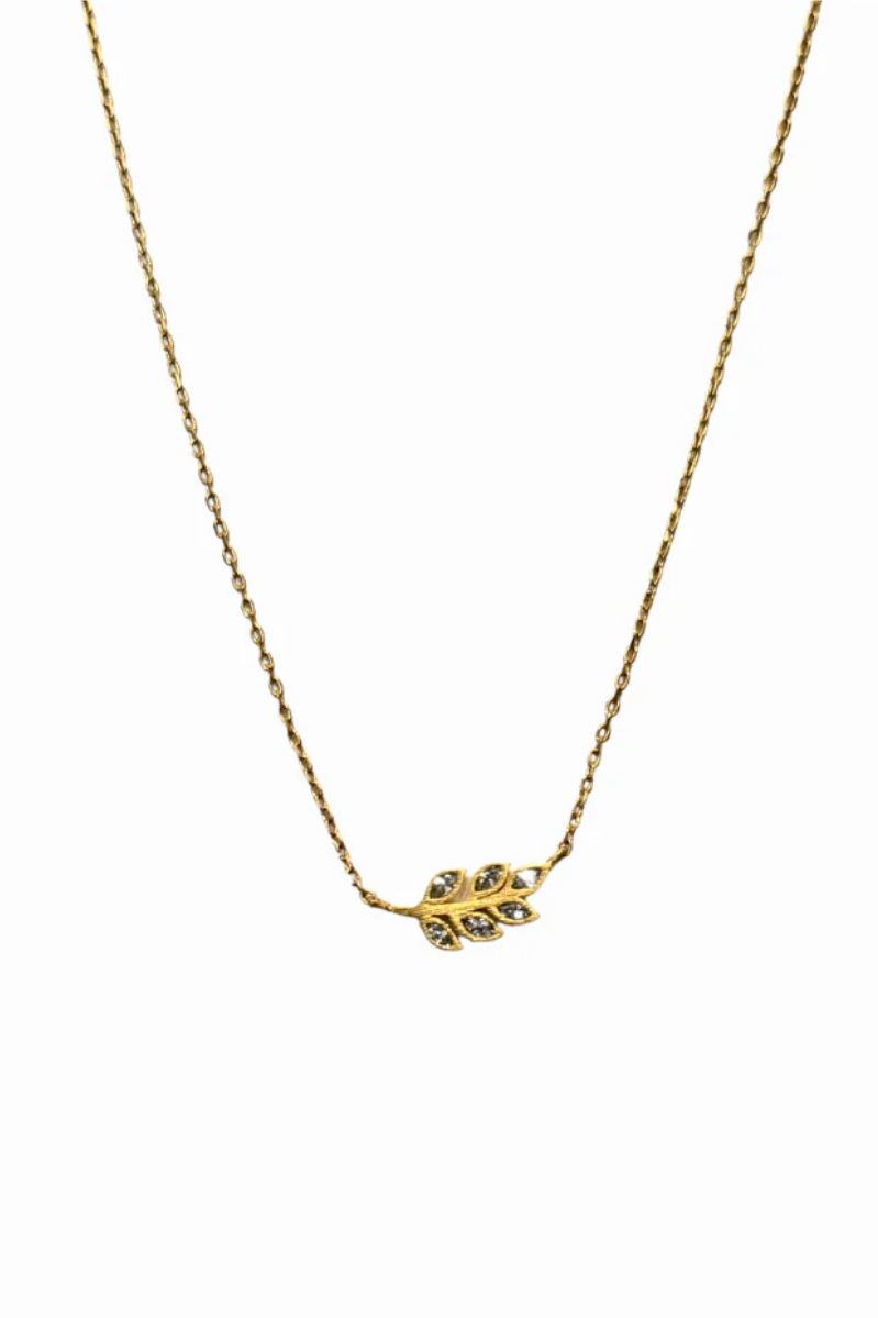 Dainty Gold Leaf w/ Rhinestone Necklace