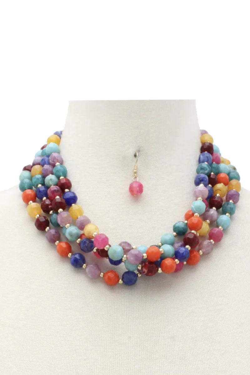 Multi Layer Beaded Necklace + Earring Set