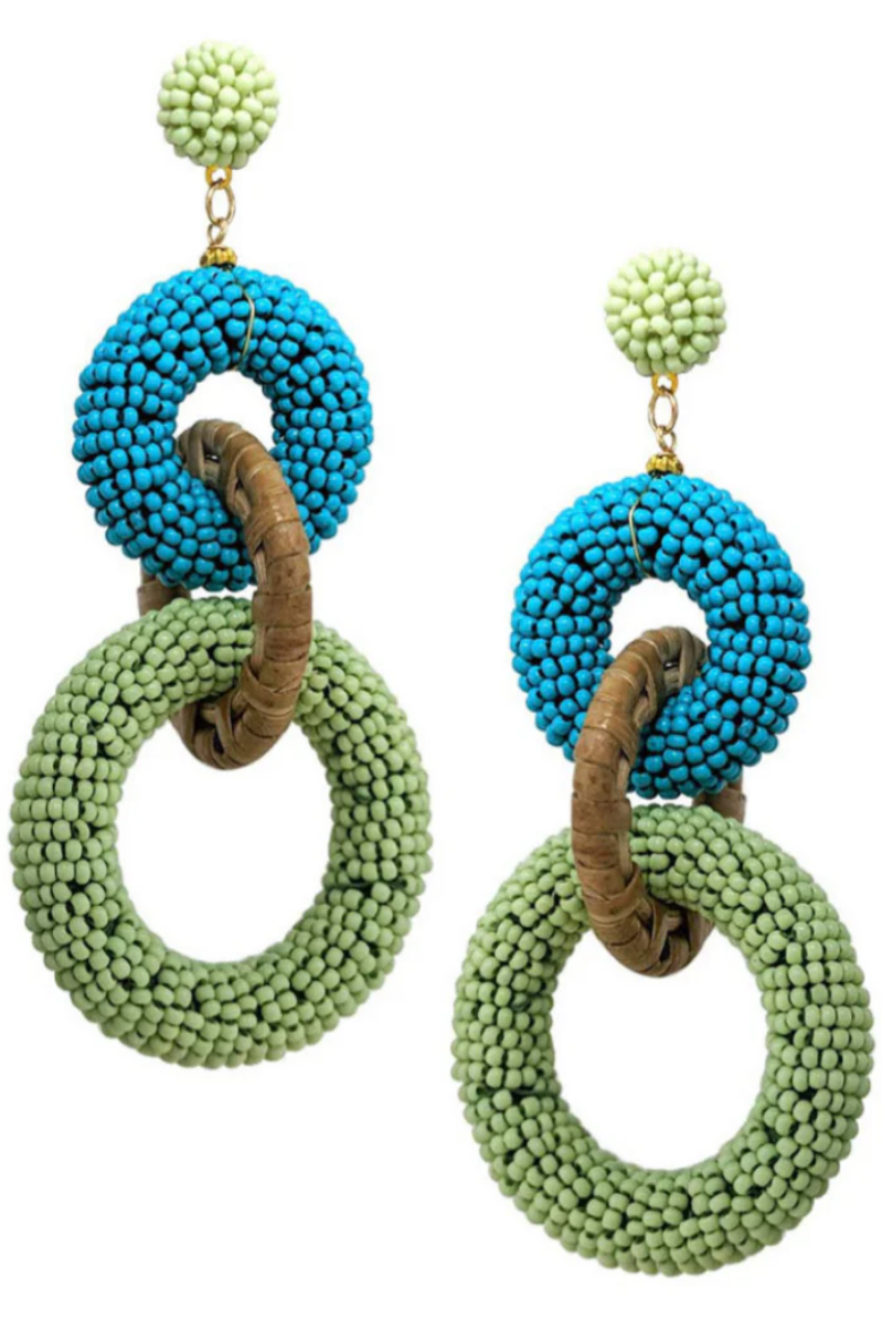 Seed Bead Rattan Dangle Post Earrings | Green