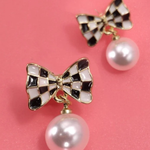 Checker Bow Pearl Drop Earrings | Gold