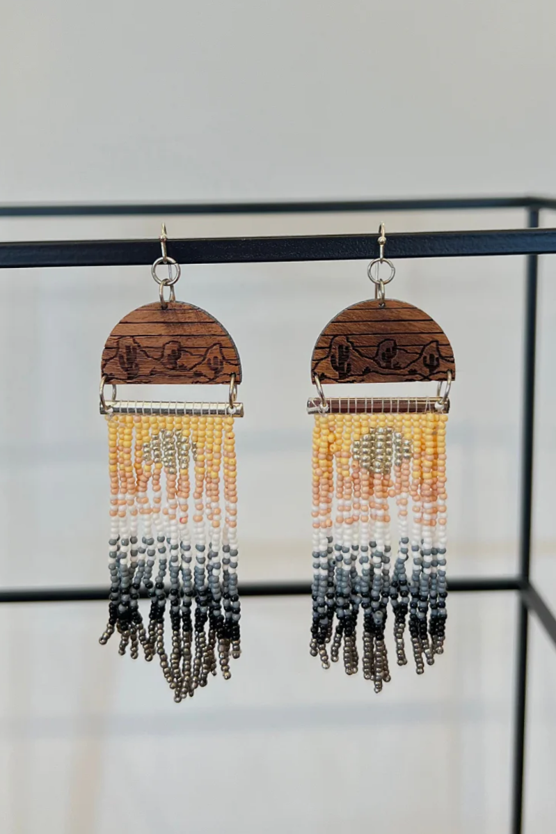 Seedbead + Wood Desert Scene Dangle Earrings | Yellow