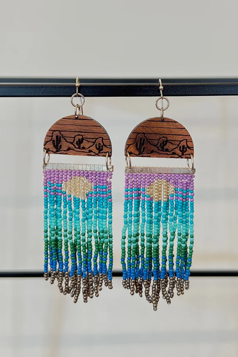 Seedbead + Wood Desert Scene Dangle Earrings | Blue/Purple