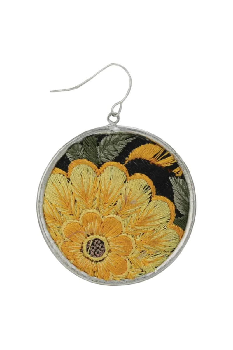 Embroidered Yellow Flower Earrings