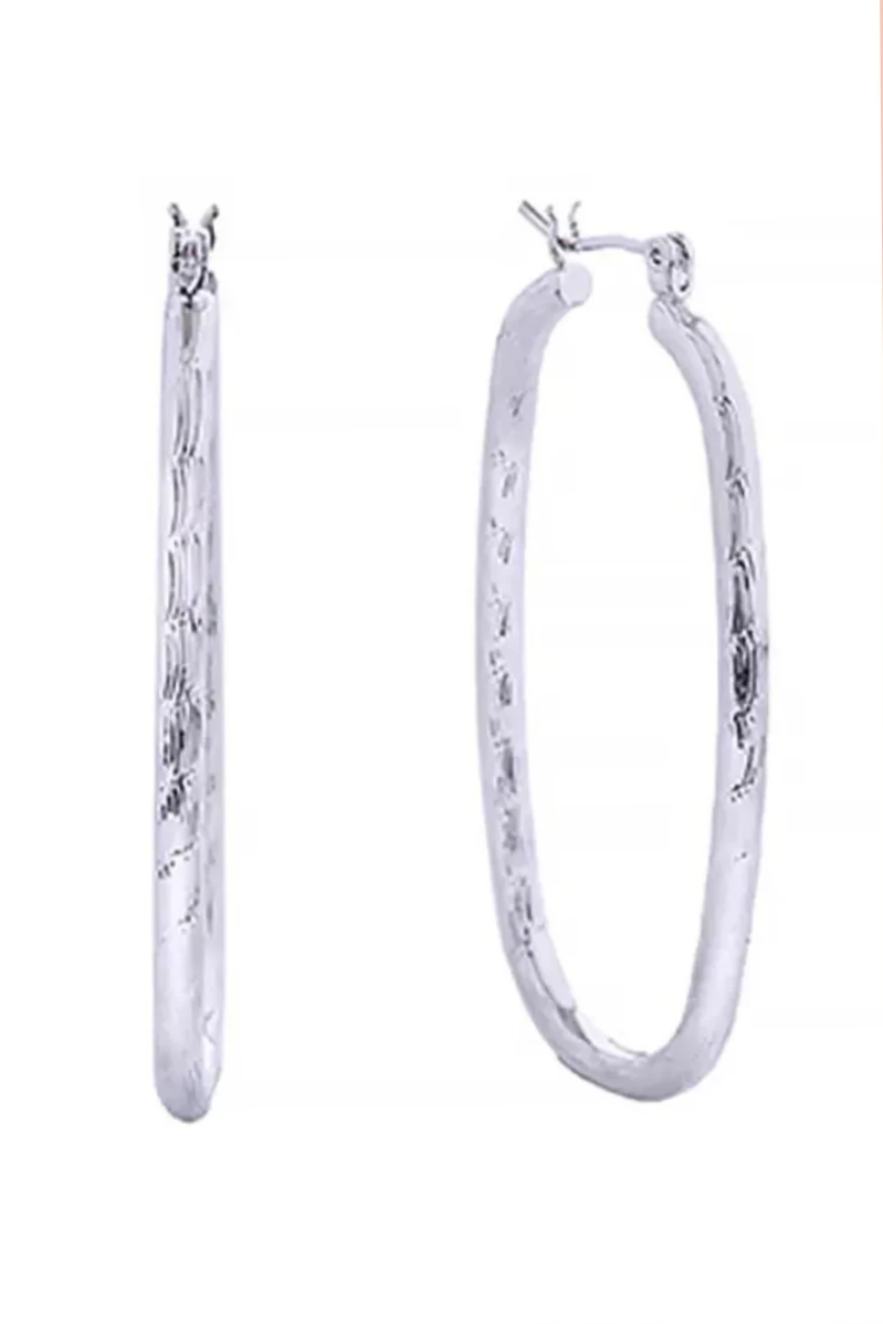 14K White Gold Textured Oval Hoop Earrings