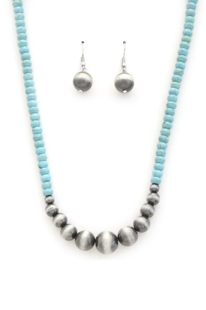 Large Turquoise + Silver Tiger Eye Earring & Necklace Set