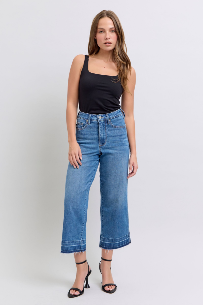 JUDY BLUE Tummy Control Release Hem Crop Wide Jeans