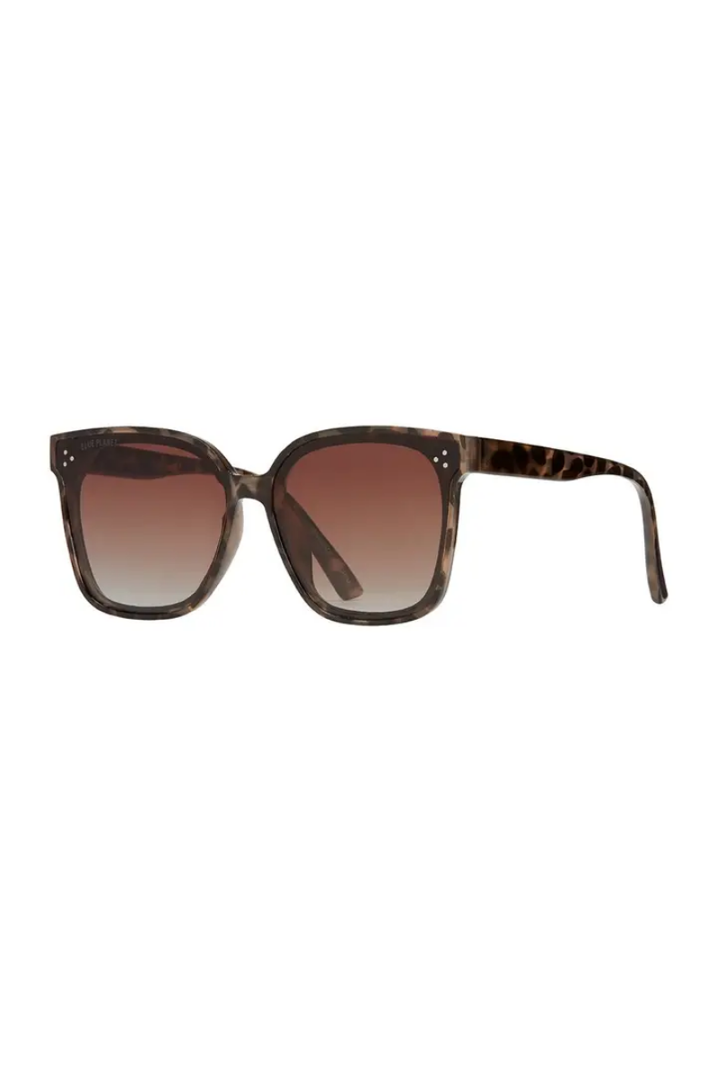 Sunglasses with brown gradient lenses and tortoiseshell frame on a white background