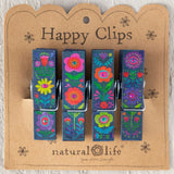 Set of colorful floral clips on a 'Happy Clips' card with 'natural life' branding.