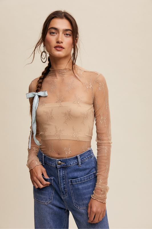 Sheer Lace Long-Sleeve Top | Beige