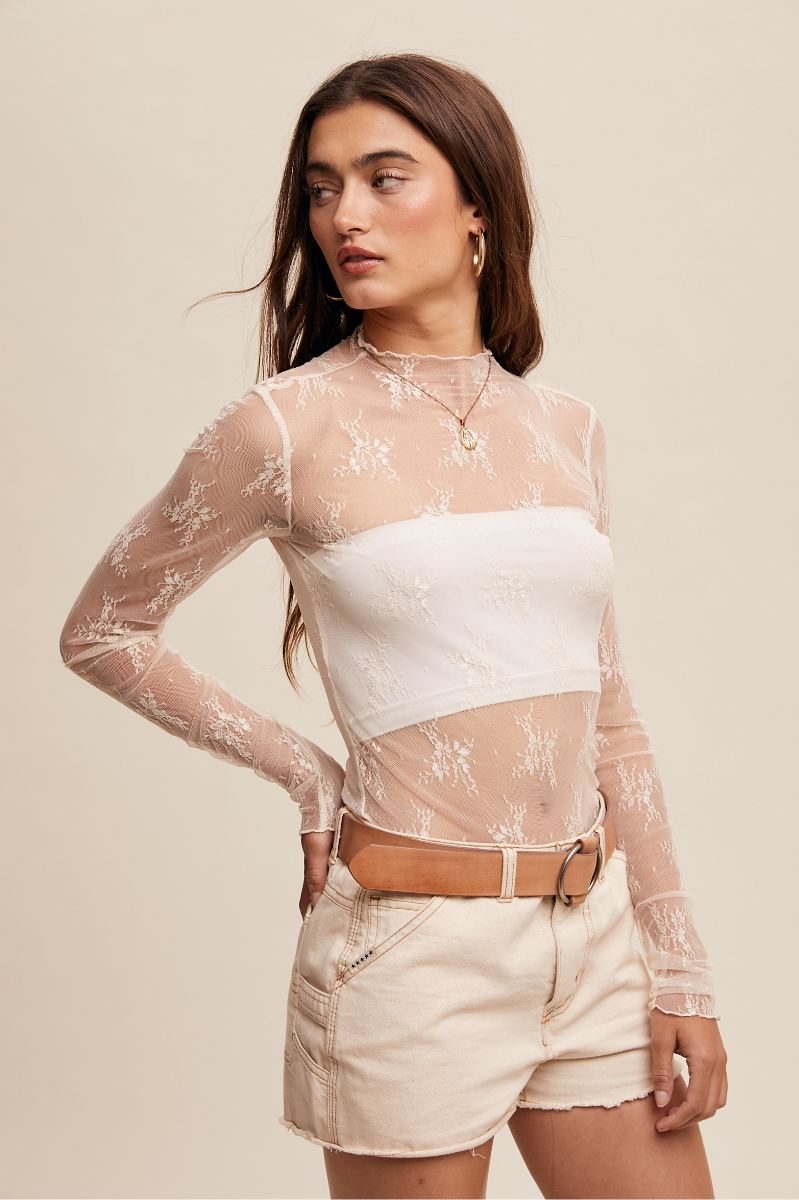 Sheer Lace Long-Sleeve Top | Ecru