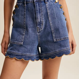 Scallop Button-Side Stretch Denim Shorts