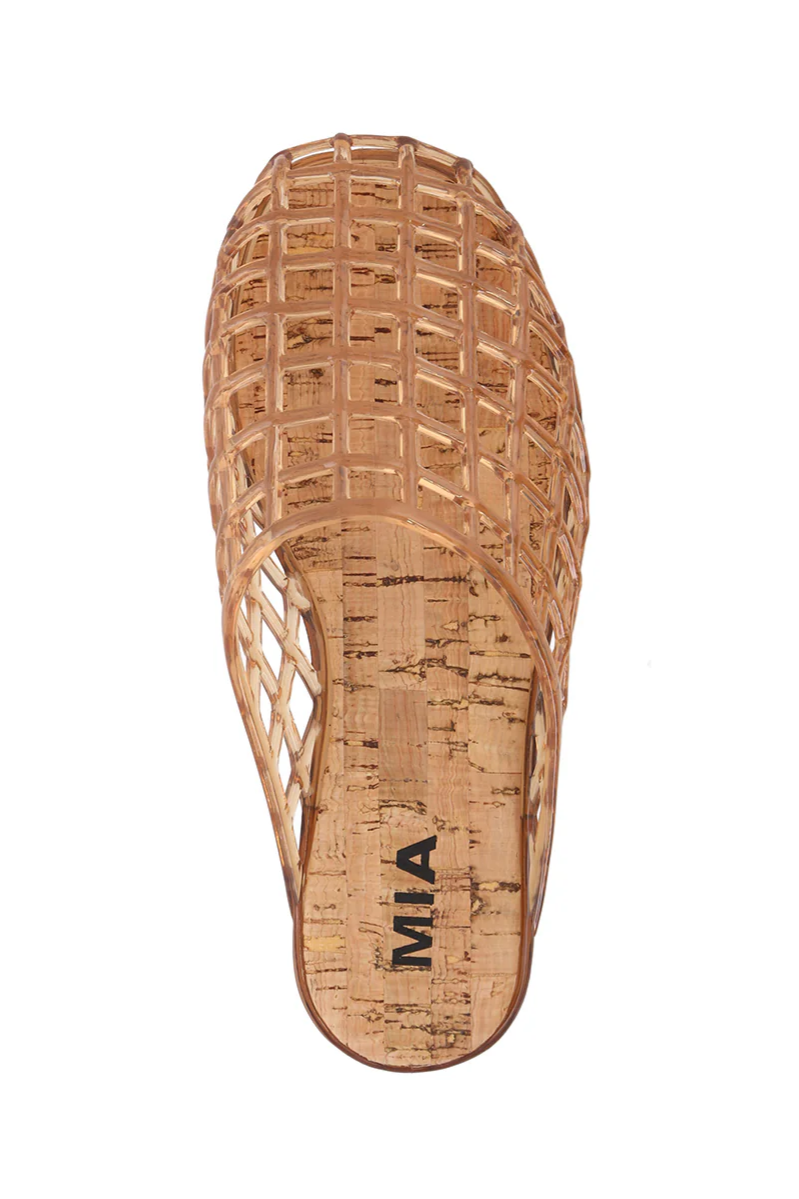 Cork sandal with woven design on a white background