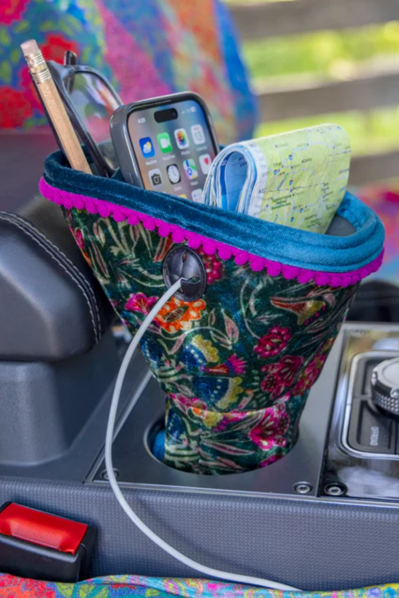 Car Cup Holder Organizer | Velvet Green Painterly Vines