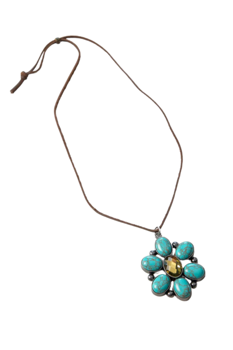 Necklace with a turquoise flower pendant on a white background