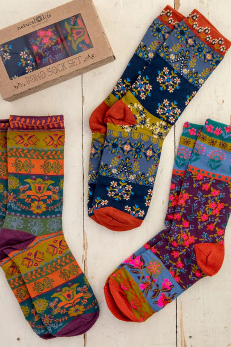 Plum Floral Boxed Boho Socks, Set of 3 | Natural Life