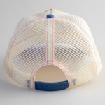 Back view of a beige mesh cap with blue accents on a light gray background