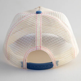 Back view of a beige mesh cap with blue accents on a light gray background