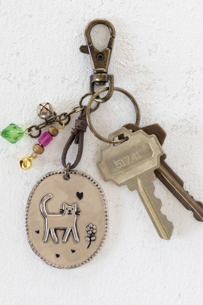 Keychain with cat charm and keys on a white background