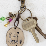 Keychain with cat charm and keys on a white background