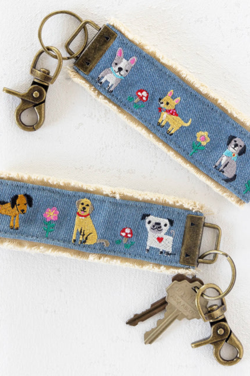 Keychain with dog designs on a blue background