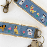 Keychain with dog designs on a blue background