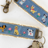 Keychain with dog designs on a blue background