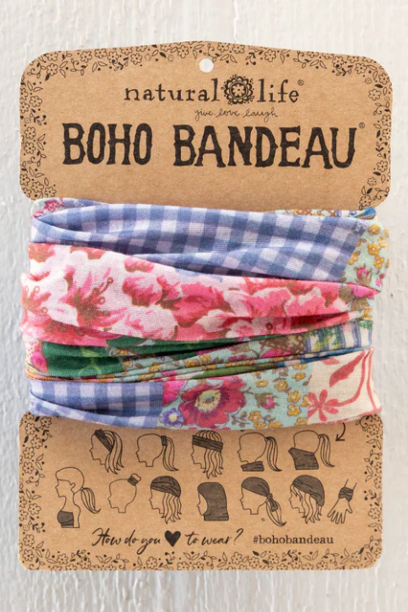 Boho bandeau on a branded card with 'natural life' branding. Full Boho Bandeau® Headband | Vintage Treasure Pink