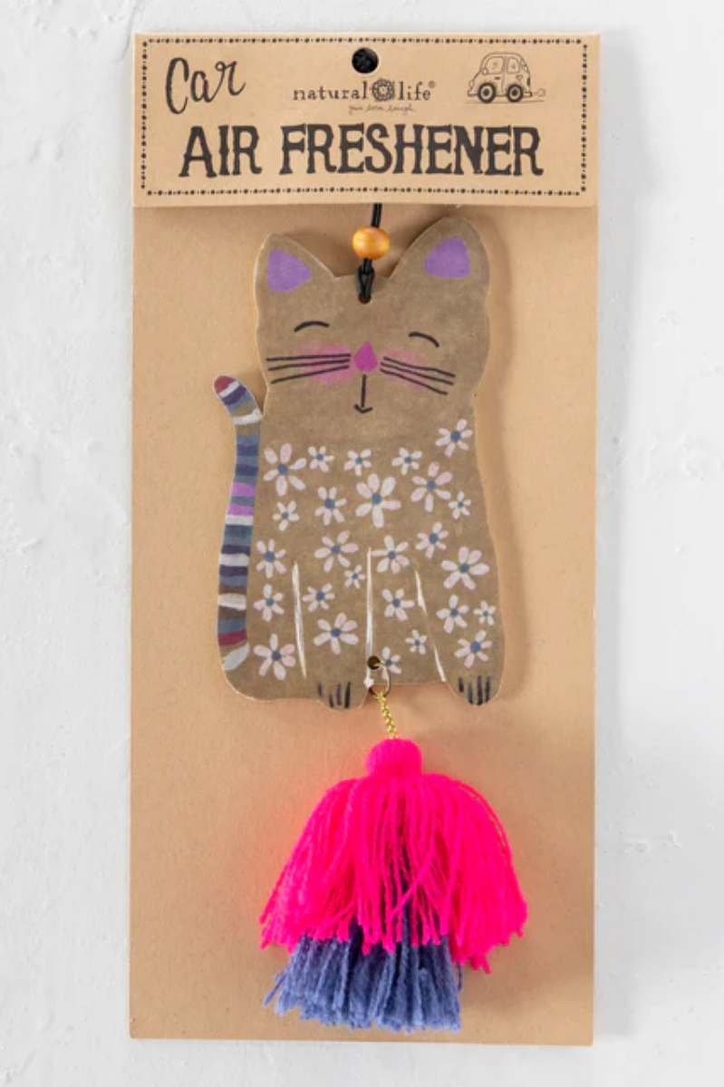 Cat-shaped air freshener with floral design on a cardboard backing