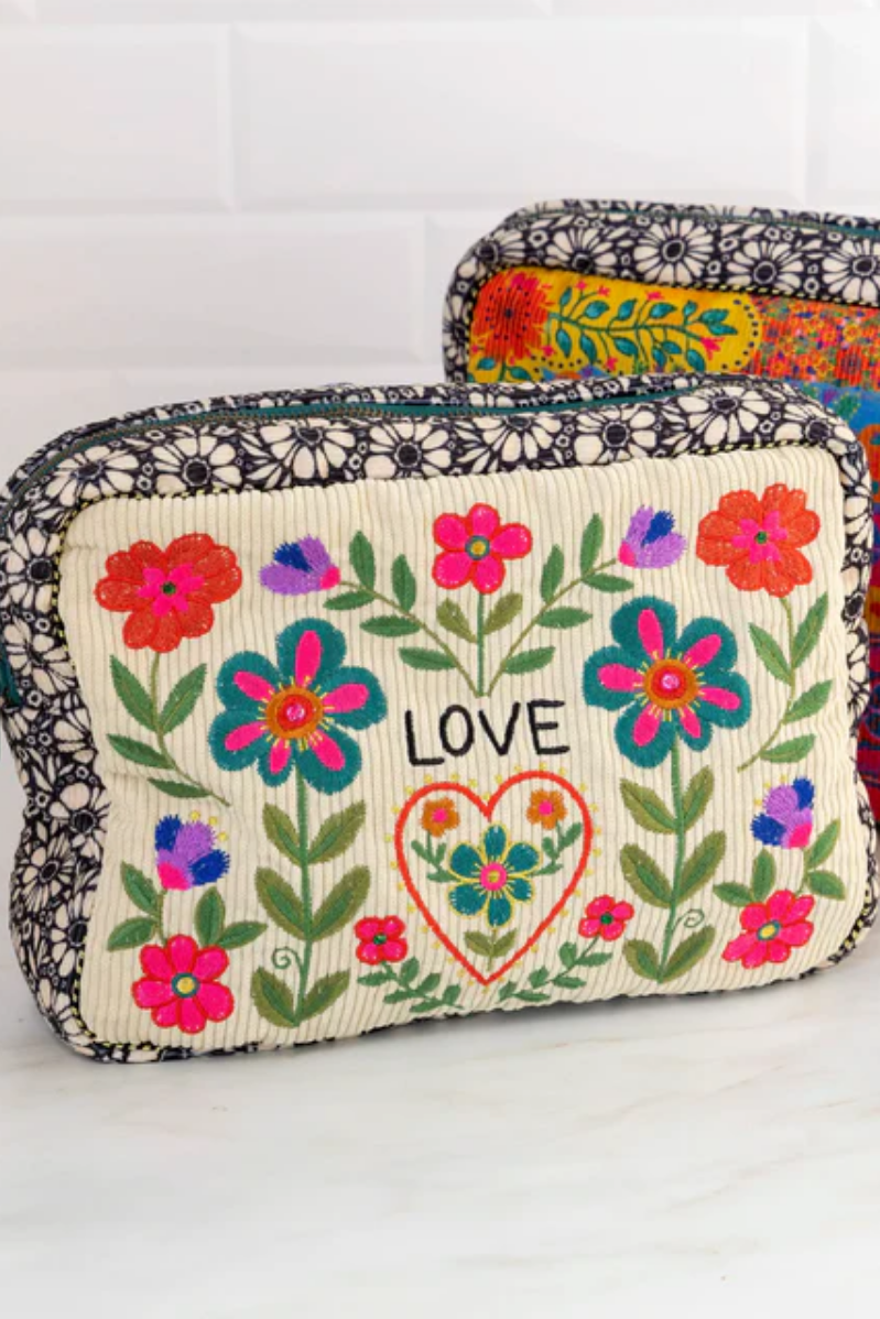 Embroidered pouch with floral patterns and 'LOVE' text on a white background