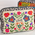 Embroidered pouch with floral patterns and 'LOVE' text on a white background