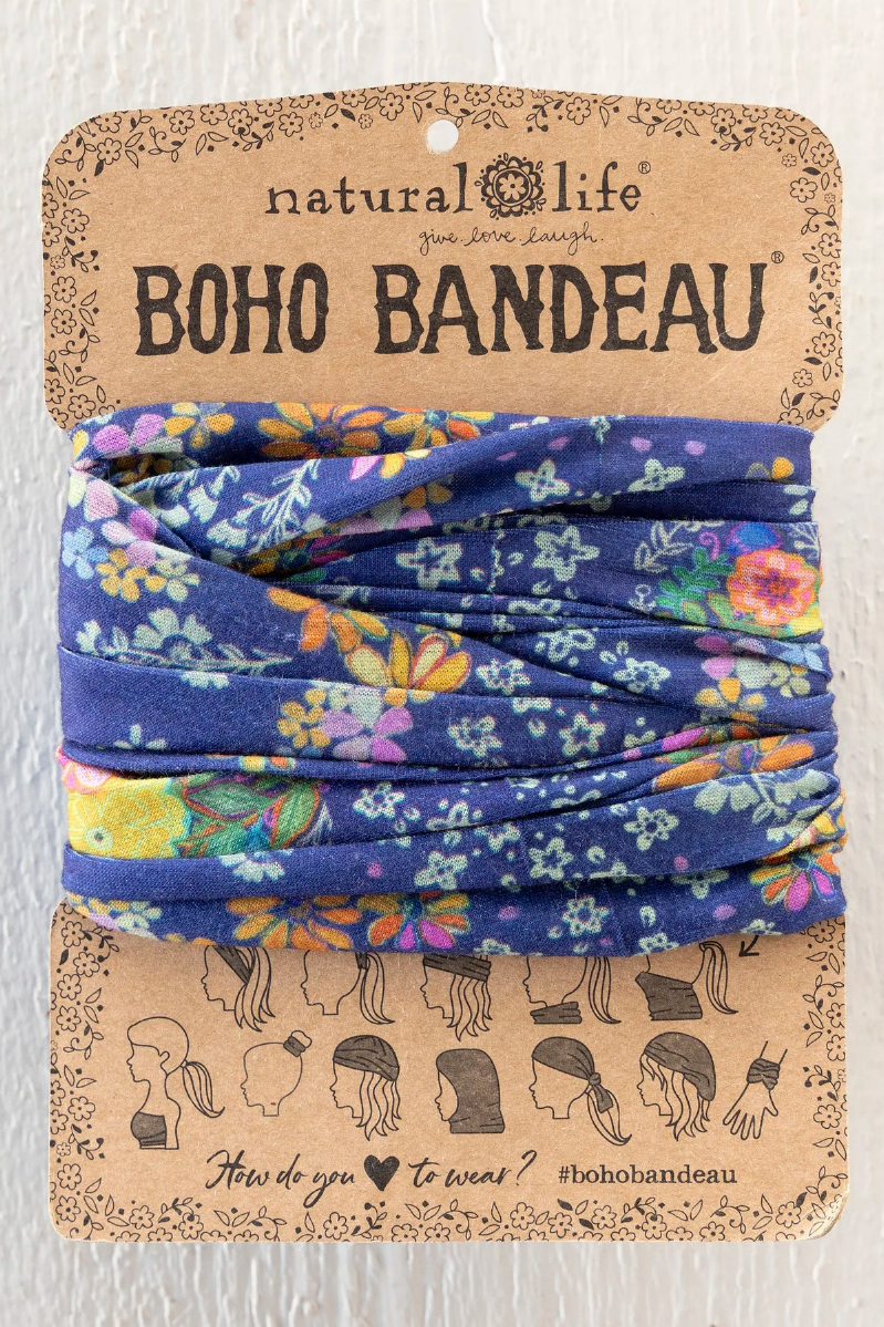 Floral patterned headband on a Natural Life branded card with a white background | Full Boho Bandeau® Headband | Tropic Bandana Navy