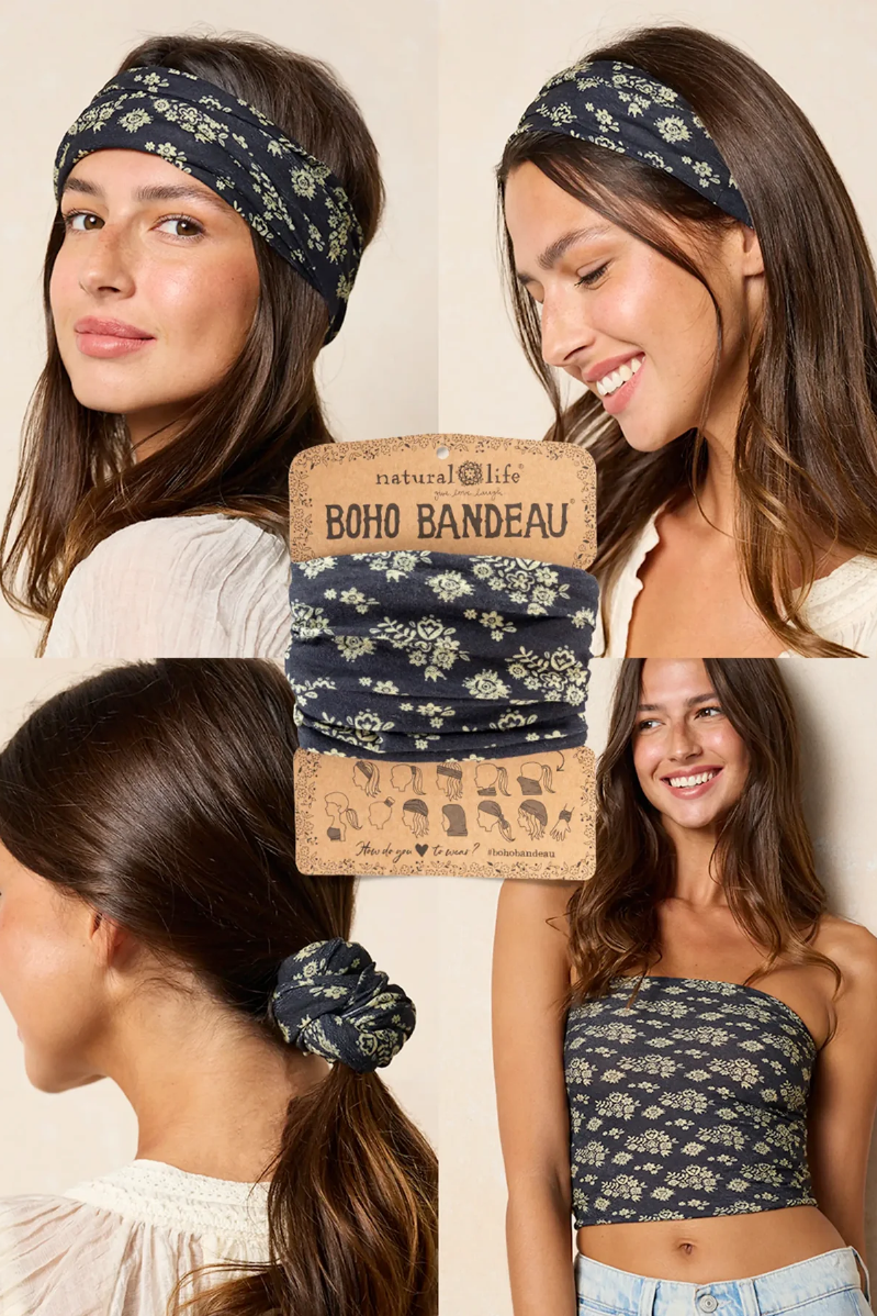 Collage of a woman wearing a floral headband and top, with packaging labeled 'Boho Bandeau' from natural life brand.