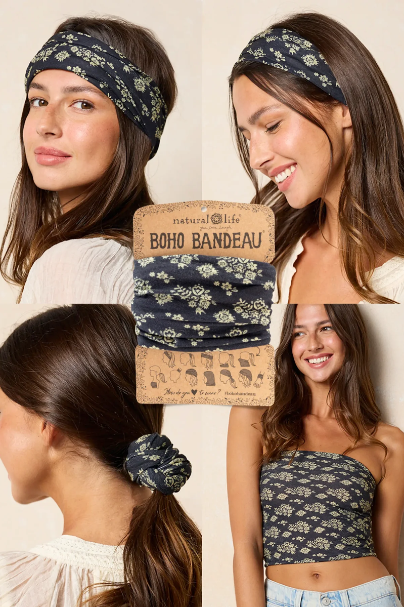 Collage of a woman wearing a floral headband and top, with packaging labeled 'Boho Bandeau' from natural life brand.